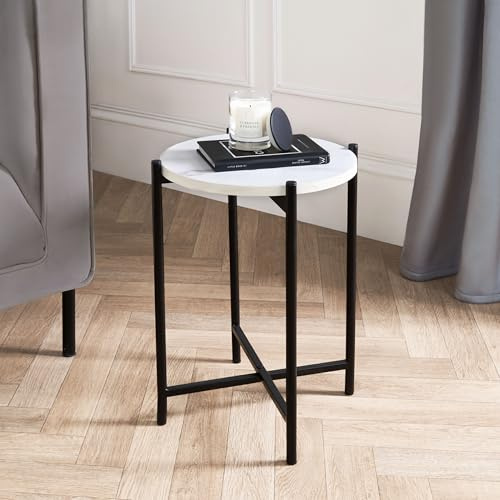 OHS Round Side Table for Living Room, White Mable Top Small Coffee Tables with Sturdy Metal Frame Decorative Nightstand End Table Bedside Tables for Bedroom Office