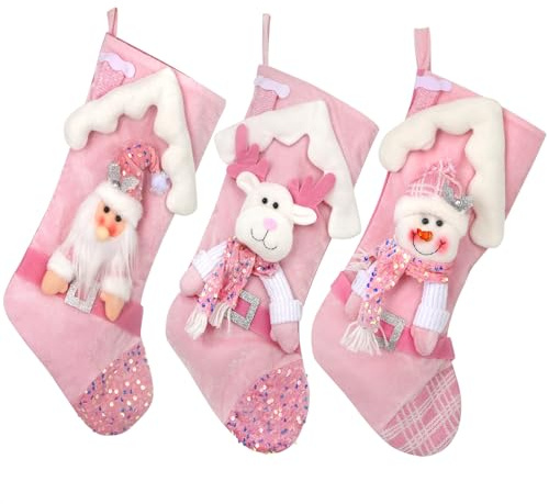 masteymoh Pink Christmas Stockings Pack of 3, Luxury Christmas Stockings Pink, 3D Shiny Bling Large Stocking, Santa Snowman Reindeer Xmas Christmas Stocking 3D Characters Home Decor