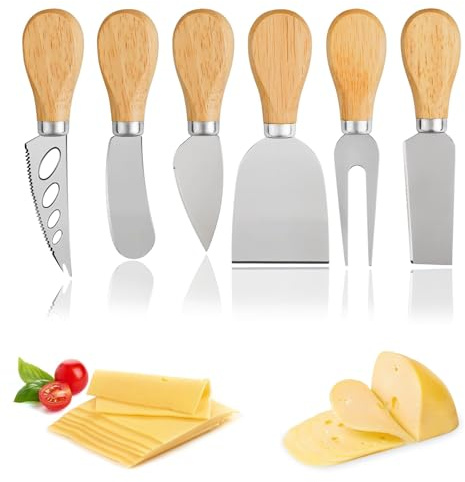Cuicany 6 Pezzi Set di coltelli da Formaggio, Coltelli da Formaggio in Acciaio Inox, Taglierina con Manico in Legno, per Formaggi Morbidi, Formaggi Affettati, Torte, Dessert, Pizza
