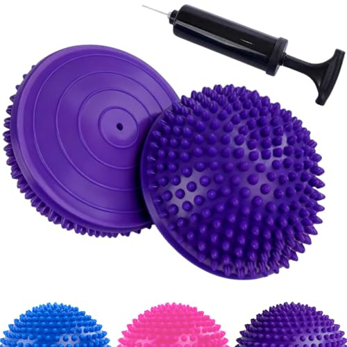 CampTeck U7331 Cojin Equilibrio Fitness Media Bola Erizo, Media Pelotas de Masaje con Bomba Manual - Paquete de 2 - Morado