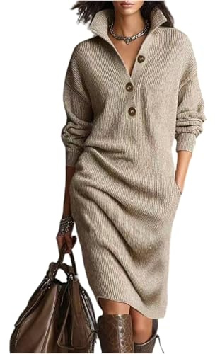 BUhuiBabubu Midi Jumper Dress for Women UK Long Sleeve Button V Neck Ladies Autumn Winter Knitted Elegant Sweater Dresses with Pockets UK Size 10 12 14 16 18 20,Khaki,M,u696k