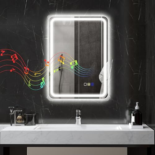HOMCOM Specchio Bagno con Luce LED 50x70 cm, Specchio da Parete con Bluetooth, Retroilluminato, 3 Colori Dimmerabile, Funzione Memoria, Antiappannamento, Interruttori Touch, in Vetro Temperato, IP44