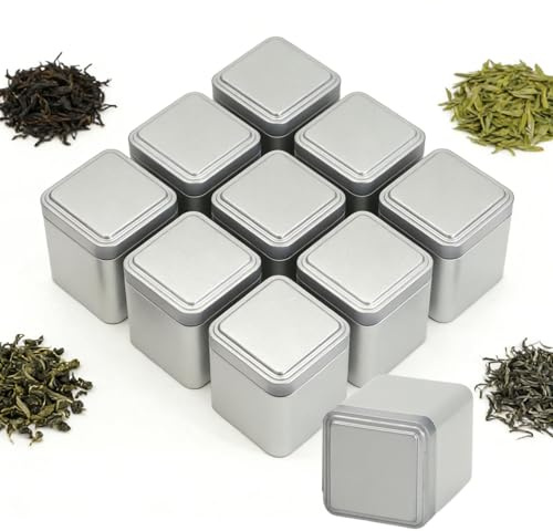 Frdhee 10 latas de té para té suelto, 7 × 7 × 8,5 cm, latas cuadradas clásicas vacías con tapas herméticas, lata pequeña de metal para azúcar, dulces, especias, hojas sueltas, almacenamiento de té