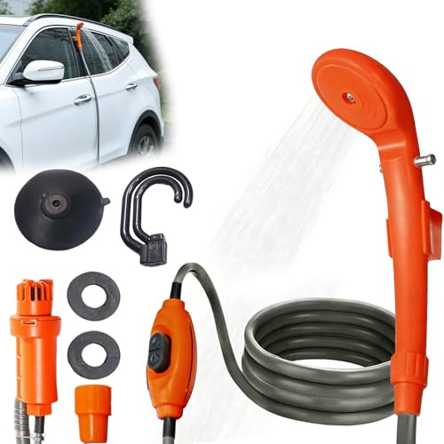 BORDEAG Ducha de camping portátil, 12 V CC, portátil, con bomba, ducha de camping, portátil, con batería, para camping, senderismo, jardín, playa, viajes, mascotas (naranja)