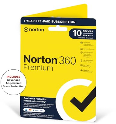 Norton 360 Premium 2026, Antivirus software for 10 Devices and 1-year subscription with automatic renewal, Includes Secure VPN and Password Manager, PC/Mac/iOS/Android, Activation Code by Post