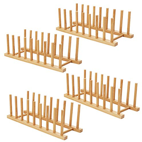 HBlife 4pcs Bamboo Dish Plate Bowl Cup Book Pot Lid Cutting Board Drying Rack Stand Drainer Storage Holder Organizer Kitchen Cabinet (Keep Dry)