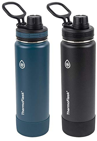 ThermoFlask Double Wall Vacuum Insulated Stainless Steel Water Bottle, 24 Ounce, 2-Pack, Mayan Blue / Black