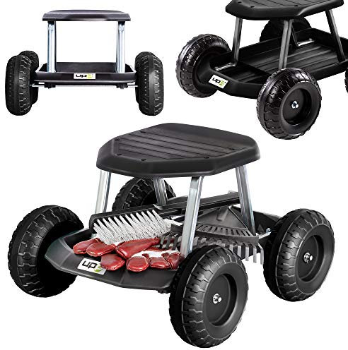 UPP fahrbarer Gartenwagenrollsitz bis 130 kg mit Ablage | Knie- und rückenschonende Sitzgelegenheit auf Rollen für Gartenarbeit & Autopflege | Gartenrollsitz mit 33 cm Sitzhöhe in schwarz