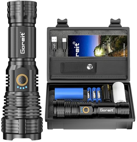 Flashlights LED High Lumens Rechargeable, Goreit 20,000 Lumens XHP70.2 Super Bright Flashlight, Flash Light Battery Powered, Powerful Handheld Flashlight with holster for Emergency Camping Hiking Gift