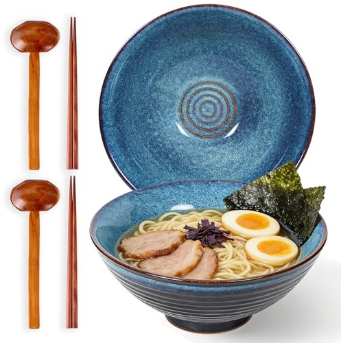 STE-CER Ceramic Japanese Style Ramen Bowl Set with Chopsticks,8 inch 40 oz Pho Bowls & Asian Soup Bowl and Spoons Set for Udon Noodle,Soba,Miso Soup,Set of 2 (blue)