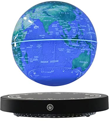 WUPYI 6 Magnetic Levitation Floating Globe Anti Gravity Rotating World Map with LED Light 7 Colors Display Floating Globe for Children Educational Gift Home Office Desk Decor (Blue-Clock Base)