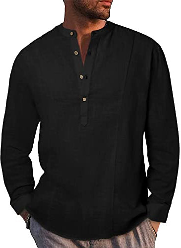 LVCBL Herren Leinehemd Langarm Freizeithemd Sommerhemd Regular Fit Casual Henley Shirts Schwarz L