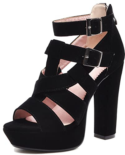 Bviennic Women Peep Toe Strappy Chunky Heel Gladiator Sandals Summer Stylish Platform Mesh Ankle Boots Party Shoes Black Size 7 UK-41CN