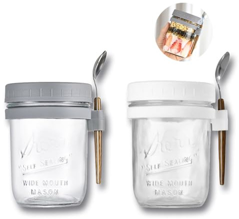 Vexquivera 2Pcs Overnight Oatmeal Cups Overnight Oats Jar Portable with Lids Milk Cups Yogurt Bottles Lids and Spoons with Measurement Marks Overnight Oatmeal Cups with Reusable Glass (White&Gray)