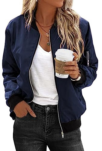 Zeagoo Blouson Damen Bomberjacke Leicht Atmungsaktiv Übergangsjacke Kurzjacke Langarm Sportlich Pilotenjacke Motorradjacke mit 2 Taschen Reißverschluss Jacke Navy Blau M