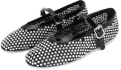 DOEYG Ballerine in rete da donna con fibbia, comode, casual, per ufficio, scarpe da ballerina in rete a punta piatta, Strass neri., 39.5 EU