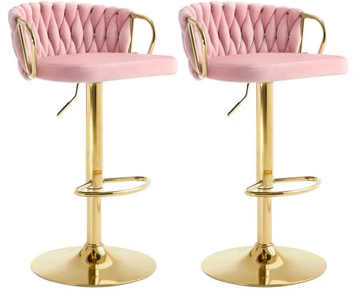 WOLTU Barhocker 2er Set, Barstühle höhenverstellbar 360° drehbar, Küchenhocker mit geflochtener Rückenlehne Fußstütze, Samtstuhl mit Metallrahmen, Rosa, BH426rs-2