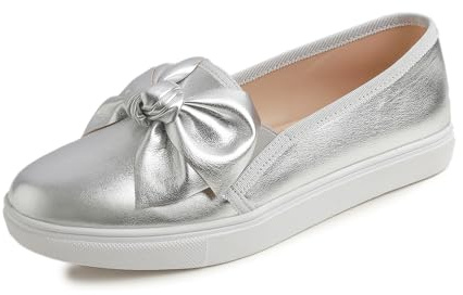 Feversole Women's Casual Slip On Sneaker Fashion Bow Tie Loafer Flats Silver Vegan Leather Size 5 UK