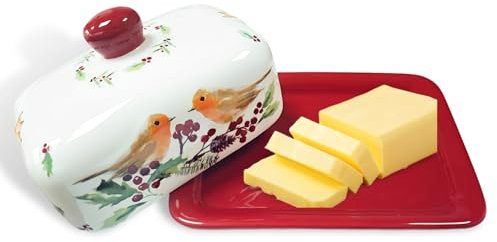 RoadLoo Beurrier en céramique - 1 pièce - En porcelaine de qualité supérieure - Avec poignée rouge - Motif d'oiseau coloré unique - Paroi épaisse - Passe au lave-vaisselle (rouge, 3)