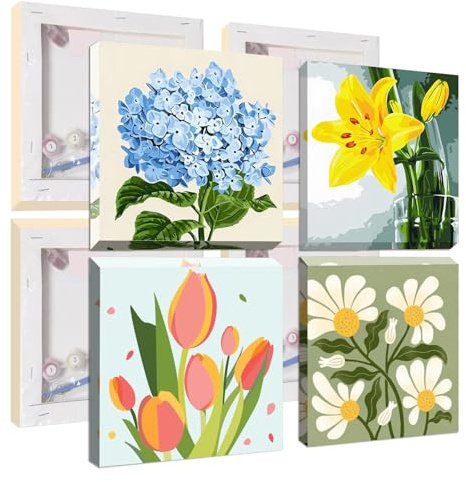 Jawecci Framed Paint by Numbers Flowers for Kids Age 8-12, 4Pack Flowers Painting by Numbers Kits Kids Adults, Art Painting on Canvas DIY Acrylic with All Tools for Home Decor 20x20cm