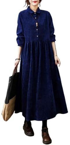 Suncadmious Vestiti da Donna in Velluto a Coste Tinta Unita Larghi Primaverili Autunnali e Invernali con Bottoni Camicia Lunga Gonna a Pieghe a Trapezio Maniche Lunghe Bavero Midi (Marina,L)
