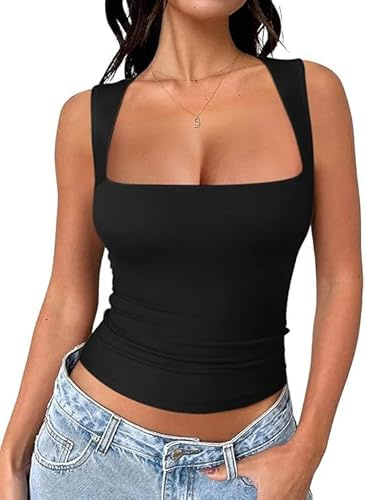Fumxincg Women's Square Neck Sleeveless Crop Top - Wireless Double-Layer Tank Vest for Gym, Workout & Casual Breathable Skinny Fit (UK, Alpha, L, Regular, Regular, Black)