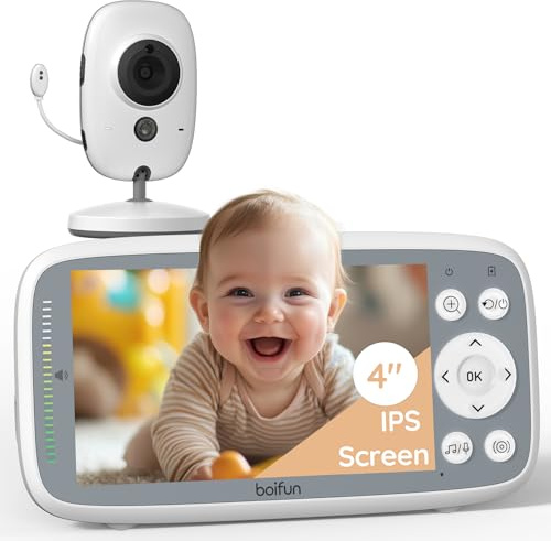 2026 Upgraded Boifun Baby Monitor with Camera and Night Vision, No WiFi, 4-inch Crystal Clear IPS Screen, 2-Way Talk, Temperature & Sound Alerts, 3x Zoom, Lullaby, Feeding Reminder,LED Sound Indicator