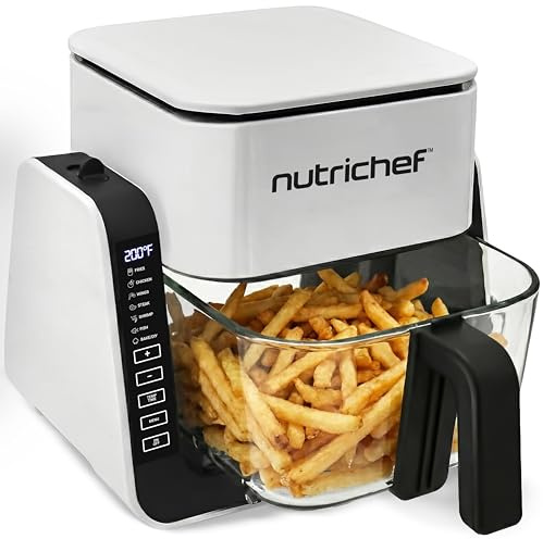 NutriChef 4L Airfryer & Elektrogrill – 7-in-1 Glas Heißluftfritteuse + 1.2L Grill Frittieren, Grillen, Backen ohne Öl | Tischgrill elektrisch | Transparentes Sichtfenster | Ideal für Familien | Weiß