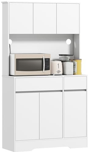 HOMCOM Küchenschrank Buffetschrank mit Arbeitsplatte, 6 Türen, Hochschrank mit Verstellbaren Einlegeböden, Kabellöchern, Mikrowellenschrank Moderner Vorratsschrank, Weiß, 100 x 38 x 180 cm