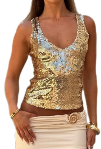 Sequin Tank Tops for Women Sparkly Deep V Neck Sleeveless Open Back Crop Vest Coquette Casual Summer Club Streetwear (B-Gold, S)