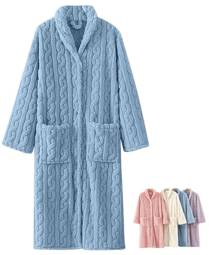 LLIDDAMES Albornoz Mujer Bata Larga de Felpa para Mujer Bata de Baño de Forro Polar Grueso Jacquard con Botones y Bolsillos para Invierno otoño Descanso SPA cómoda Ropa para el hogar(Blue,XL)