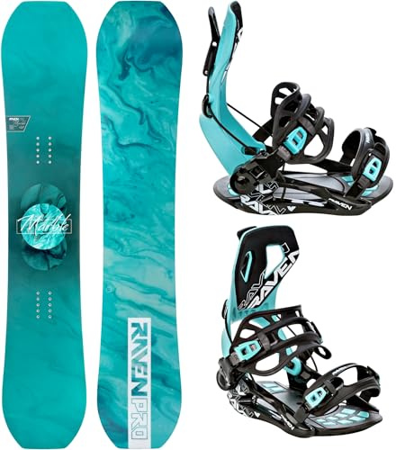 Raven Set de Snowboard: RAVEN Pro Tabla de Snowboard Marble Carbon Mint + Fijaciones FT360 (Blanco, Menta) (Fijaciones FT360 Mint S, RAVEN Pro Tabla de Snowboard Marble Carbon Mint 150 cm)