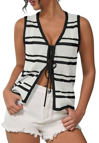 IEEILULU Tops Chaleco de Ganchillo para Mujer - Chalecos de Punto sin Mangas, Top de Verano Casual con Lazo Delantero, Cute Tanqueta