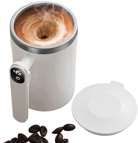 Qkbuza Da Caffè Auto-Mescolante - in Acciaio Inossidabile Ricaricabile USB con Termometro LCD Integrato | Bicchiere Termico con Agitazione Automatica | Per Picnic, Casa, Escursionismo, Tè, Latte,