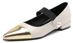 Generico Ballerine Mary Jane Donna Punta Affusolata Tessuto Sintetico Punta Metallizzata Cinturino Elastico Fibbia con Perla Tacco Basso Largo Slip On Antiscivolo,Beige,36 EU