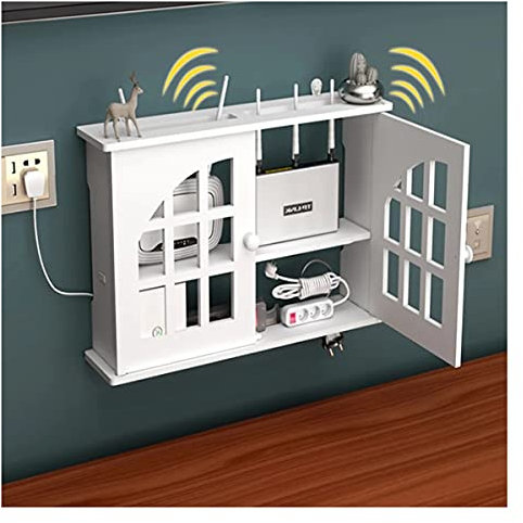 PPGE Home Router Aufbewahrungsbox Weiß, Wand TV Kabel Verstecken, Holz und Plastik Wandregal, Cable Management, Schwebendes Regal, Kabel Organizer, WiFi Router Storage