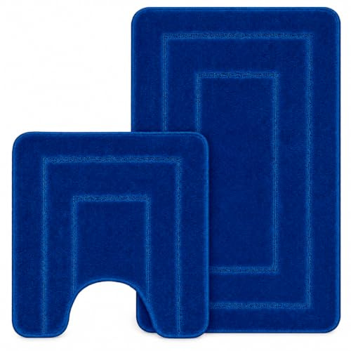 LSC Non Slip Bath Mat 2 Piece Ichra Extra Soft Water Absorbent Bathroom Mats 100% Polypropylene Pedestal Bath Rug Shower Bath Mat Bathroom Rug for Toilet (ROYAL BLUE)