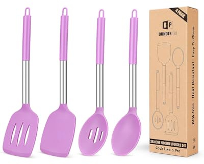Silicone Cooking Utensils Set, Non Stick, Large, Solid Spatulas, Heat Resistant, Purple, Slotted Spoon, Ideal BPA Free, Kitchen Tongs for Frying, Mixing, Serving, Draining, Twisting, Stirring, 4