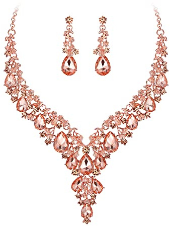 Clearine Juegos de Joyas de Mujer Boda Nupcial Joyería Conjunto Lágrima Strass Racimo Declaración Collar Pendientes Colgantes Bisutería,Color Champán Rosa-Dorado-Tono