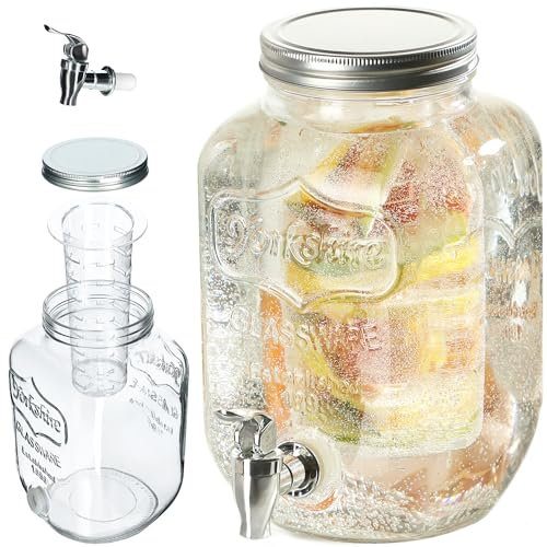 KADAX Distributore di bevande da 4 l, in vetro con inserto, erogatore di acqua con rubinetto e coperchio, distributore di succo, bibite per bevande fredde (modello 1)