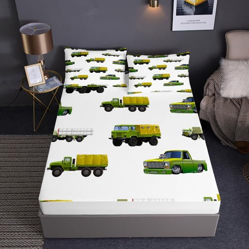 Surwin Spannbettlaken,3D Cartoon Verkehr Spannbetttücher,Mikrofaser Spannbetttuch mit 2 Kissenbezügen,Tiefe Tasche 30 cm, Bettlaken Weich und Bequem, knitterfrei (200 * 200 * 30,LKW)