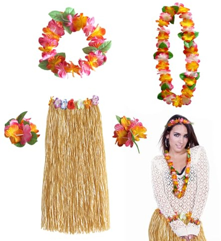 FUIPVGI 5 Pièces Costume de Hula Hawaïen, Jupe Hawaïenne, Hawaiian Herbe Hula Jupe Avec Fleur Leis Collier, Hawaiian Grass Skirt Deguisement Hawaienne Femme, Pour Les Carnavals (5 Pièces)