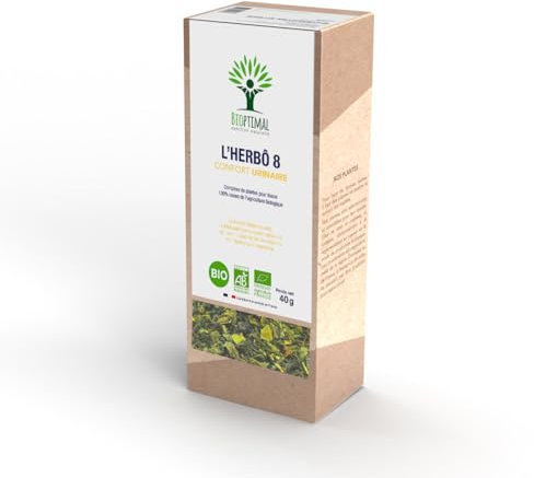 BIOPTIMAL - Infusion Bio L'Herbô 8 - Confort Urinaire - Tisane de Bruyère, Frêne et Mauve - Complexe de Plantes pour les Reins et la Vessie - Fabriqué en France - 40g