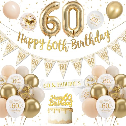 60. Födelsedagsdekoration för kvinnor – ballonger vitt guld, konfetti, nummer 60 folieballonger för kvinnor