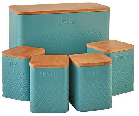 Cooks Professional 5 Piece Tea, Coffee, Sugar, Biscuit & Bread Square Cannister Set with Bamboo Lids | Diamond Pattern Labelled Stainless Steel Kitchen Storage Bins Airtight Containers | Teal