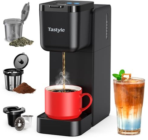 Tastyle Single Serve Coffee Maker for K Cup, Ground and Tea Leaves, Hot and Iced Coffee Machines with Bold Setting, 6 to 16 Oz Brew Sizes, Compact for Small Spaces, Black (2.0 Version)