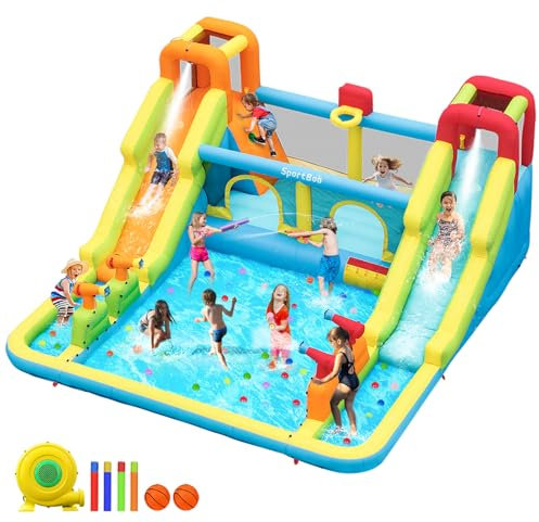 Castello Gonfiabile Grande con Acquatico Scivolo per Bambini con Piscina, 4 Cannoni Spruzzatori d'acqua, 2 Pareti Arrampicata, Trampolino, Canestro da Basket per Interno Giardino Esterno 452x416x210cm