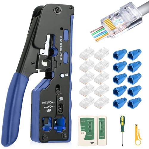 Kit de pince à sertir avec testeur de réseau comprenant une pince à sertir avec tournevis, une pince à dénuder, 50 connecteurs et un testeur de réseau. Parfait pour Cat5, Cat6, Cat7. Fiable au bureau