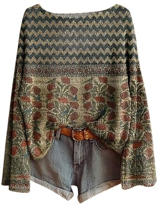 Fairisle Norwegian Women's Jumpers Ethnic Art Print Casual Pullover Knitted Sweaters for Women UK Fashion Long Sleeve Tops Chenille Crewneck Blouse Warm Layer Fair Isle Sweater Women Winter Essentials
