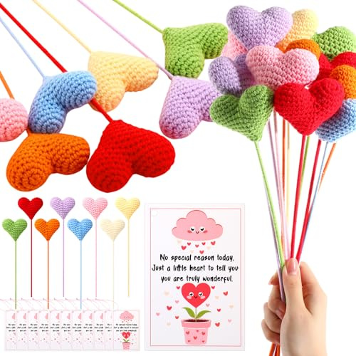 Solsew 24 Set Employee Appreciation Gifts Crochet Heart Gifts Handmade Knitted Heart Flowers Bulk with Inspirational Cards for Women Girlfriend Employee Nurse Teacher Coworker Volunteer Team Staff